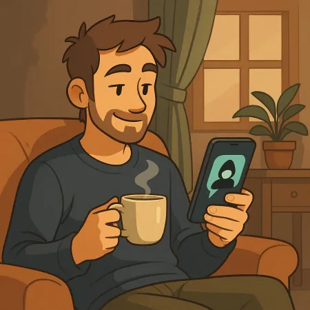 Ein bärtiger Mann, der bequem in einem Sessel sitzt, hält eine dampfende Tasse Kaffee in einer Hand und ein Smartphone in der anderen. Er lächelt, während er auf den Bildschirm schaut, auf dem eine anonyme Silhouette angezeigt wird. Die Innenatmosphäre ist gemütlich, mit einer Pflanze, einem Vorhang und einem Fenster im Hintergrund.