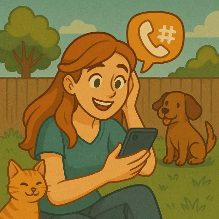 Eine rothaarige Frau sitzt im Gras in einem Garten, lächelnd, während sie auf ihr Smartphone schaut. Eine orangefarbene Katze liegt an sie geschmiegt, und ein brauner Hund sitzt in der Nähe. Eine Sprechblase mit einem Telefon-Icon und einem Hashtag schwebt über ihr, was auf ein Telefongespräch hindeutet.