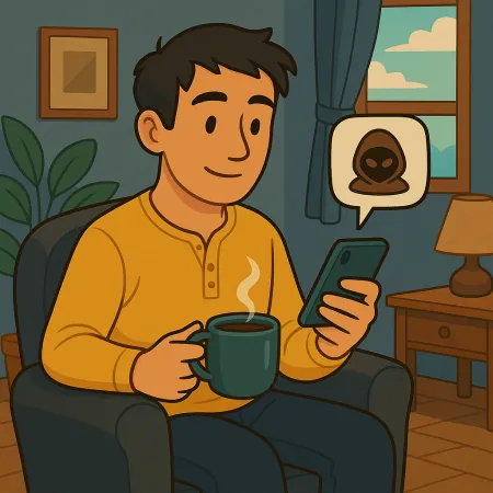 Mann sitzt bequem in einem Sessel, hält eine dampfende Tasse Kaffee und schaut auf sein Smartphone, mit einer Nachrichtenblase, die ein anonymes Masken- oder Hacker-Icon anzeigt, in einem gemütlichen Wohnzimmer mit Fenster, Lampe und Pflanze