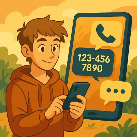 Junger Mann mit einem Lächeln in einem Kapuzenpulli, der sein Smartphone benutzt, mit einem großen Telefonbildschirm im Hintergrund, der ein Anrufsymbol und eine fiktive Telefonnummer (123-456-7890) anzeigt, in einer stilisierten und warmen Außenumgebung