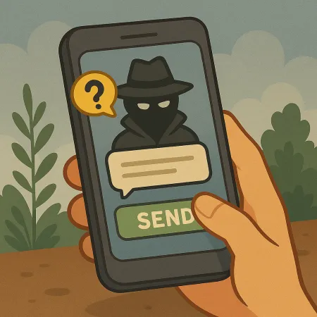 Hände, die ein Smartphone halten, das eine maskierte Person in einem Regenmantel und Hut zeigt, die einen anonymen Absender darstellt. Eine Sprechblase mit einem Fragezeichen ist sichtbar, sowie ein grüner Knopf mit der Aufschrift 'SENDEN', der das Versenden einer anonymen Nachricht vorschlägt.