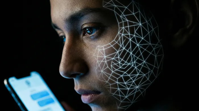 Eine Hand hält ein Smartphone, das ein Schlosssymbol auf einer Nachrichtenoberfläche anzeigt, umgeben von einem Netzwerk leuchtender digitaler Verbindungen auf schwarzem Hintergrund, was die Sicherheit mobiler Daten veranschaulicht.