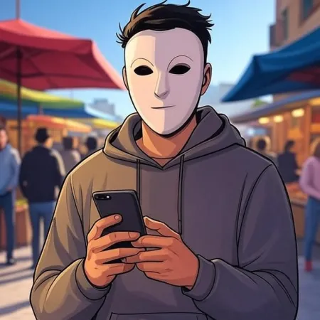 Ein junger Mann im animierten Stil, der eine weiße Maske und einen grauen Kapuzenpullover trägt, schaut auf sein Telefon auf einem Freiluftmarkt.