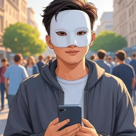 Ein junger Mann im animierten Stil mit einer weißen Maske und einer grauen Kapuzenjacke schaut in die Kamera, während er ein Smartphone in einer belebten Straße hält.