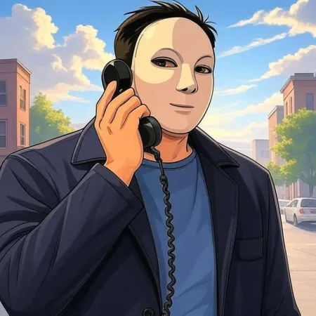 Ein Mann mit einer weißen Maske, dunkler Jacke und blauer T-Shirt spricht in den Hörer eines alten schwarzen Telefons, mit einer Stadtstraße im Hintergrund.