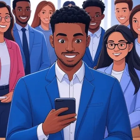 Illustration eines lächelnden schwarzen Geschäftsmannes, der auf sein Smartphone schaut, mit seinem Team im Hintergrund.