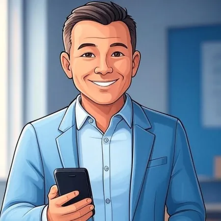 Illustration eines lächelnden Geschäftsmannes in einem blauen Anzug, der ein Smartphone hält.
