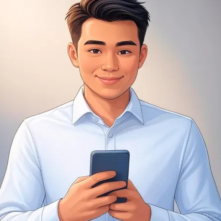 Illustration eines lächelnden Geschäftsmannes in einem blauen Anzug, der ein Smartphone hält.