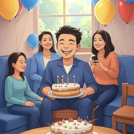 Lächelnder Mann, der eine Torte mit fünf Kerzen hält, umgeben von Angehörigen in einem mit bunten Ballons dekorierten Wohnzimmer.