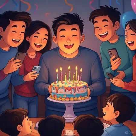 Illustration eines Geburtstags, bei dem ein lächelnder Mann eine mit brennenden Kerzen dekorierte Torte hält, umgeben von Freunden und Verwandten, die mit ihren Handys Fotos machen.