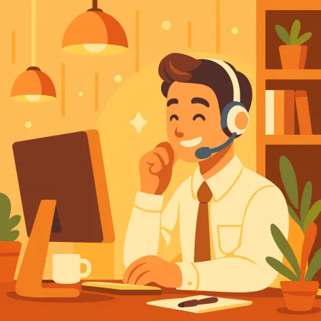 Illustration eines lächelnden Mannes mit Kopfhörern, der an einem Desktop-Computer in einer warmen und gemütlichen Umgebung mit Pflanzen und einer Tasse Kaffee arbeitet.