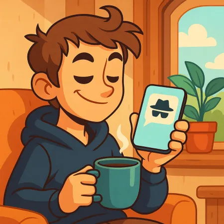 Illustration eines lächelnden jungen Mannes, der bequem mit einer Tasse Kaffee sitzt und ein Smartphone hält, das ein Symbol für eine anonyme Nachricht mit einem Hut und einer Sonnenbrille zeigt