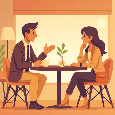 Illustration von zwei Personen, die sich in einem Café gegenüber sitzen, ein Mann im Anzug und eine Frau in schicker Freizeitkleidung, die an einem Tisch mit einer kleinen Pflanze in der Mitte sitzen